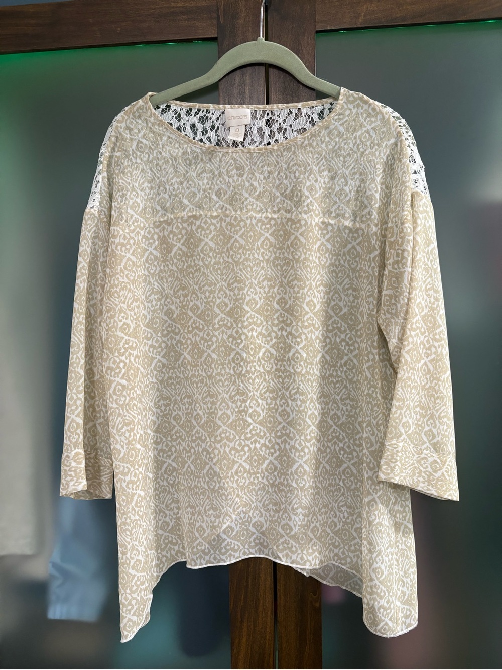 Chico's Cream Patterned Lace-Shoulder Tunic